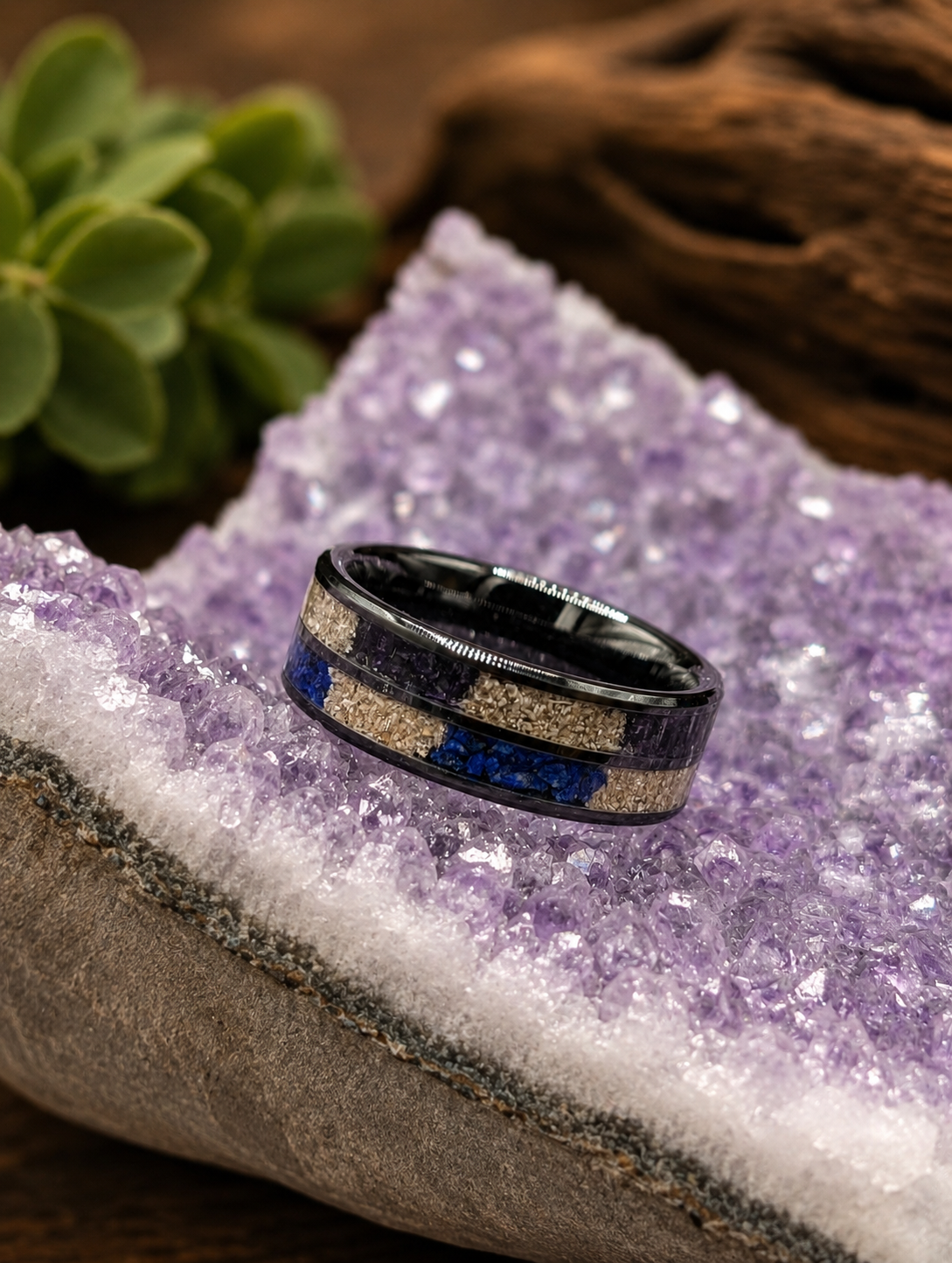 Dual Channel Black Ceramic Amethyst Lapis Lazuli Double Cremation 8mm