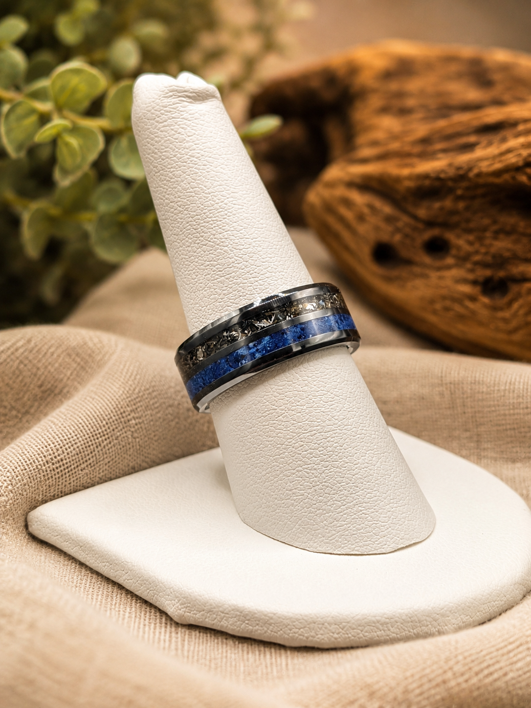 Dual Channel Black Ceramic Blue Glow Blue Goldstone Meteorite 8mm